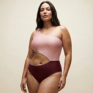 Elegant One-Shoulder Pink and Burgundy Swimsuit